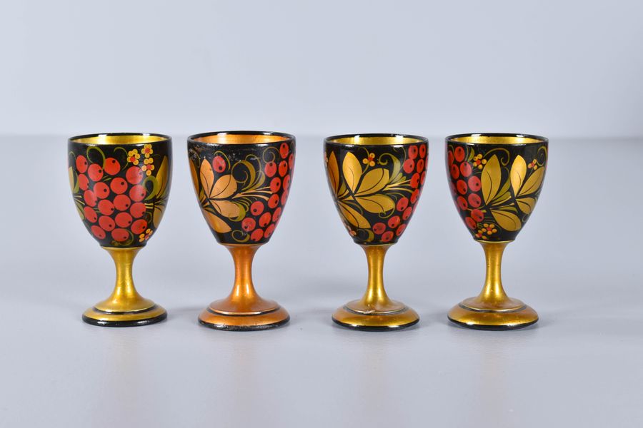 Set of 4 Wood Russian Khokhloma Cups
