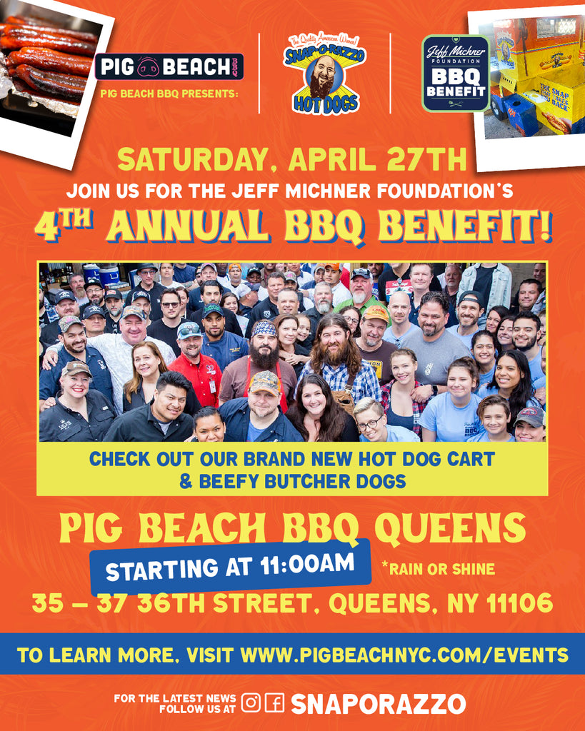 4th Annual BBQ Benefit at Pig Beach, Queens, featuring Snap-O-Razzo hot dogs, a crowd of people, and event details for April 27th at 11 am.