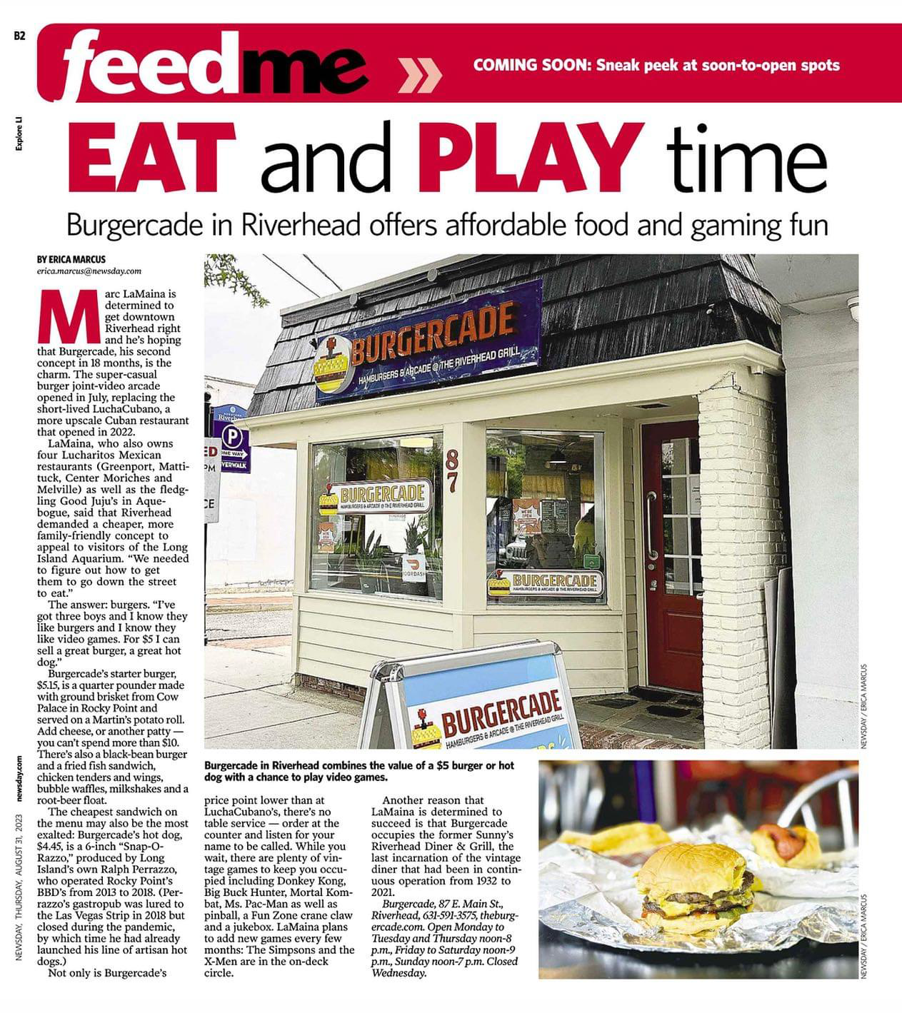 An article clipping from a section titled 'feedme' featuring the headline 'EAT and PLAY time'. The article highlights 'Burgercade in Riverhead,' which offers affordable food and gaming fun. There's an image of the Burgercade storefront with an arcade-style design and another image of a burger within the article. Accompanying text mentions the combination of a $5 burger or hot dog with video games and details the location and opening times of the establishment