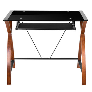 Black Glass Computer Desk with Pull-Out Keyboard Tray and Crisscross Frame freeshipping - Barnhill Desk