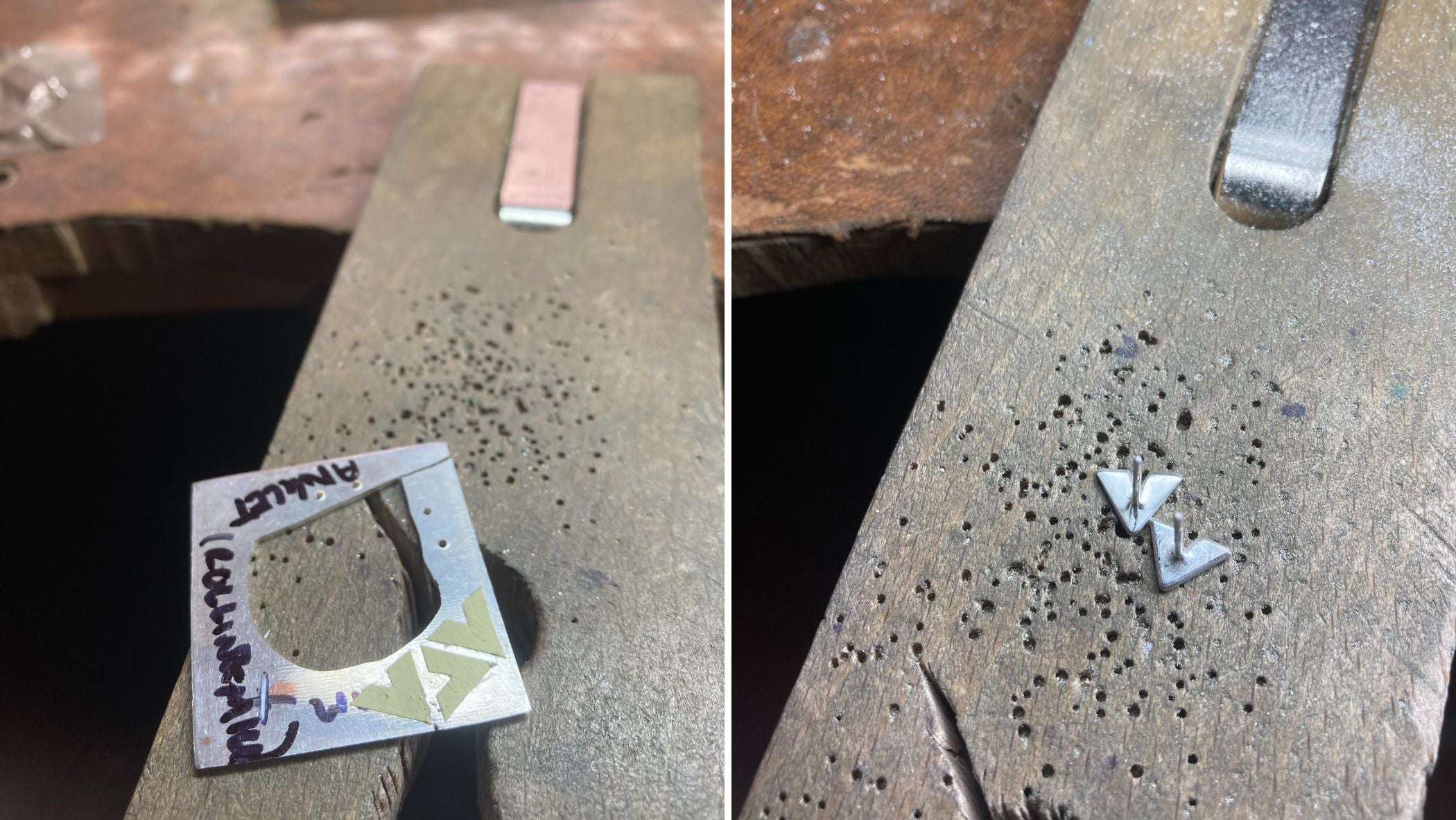 Two photos, the first showing a piece of metal with templates stuck onto it, the second once the studs have been cut out, filed, and earring posts added, face down on a bench peg with drill holes all over it.