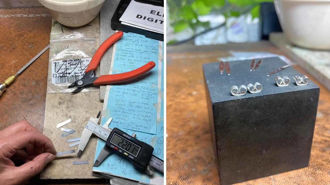 Left: callipers measuring pieces of thin silver, before being polished and turned into butterfly backs (shown on right)