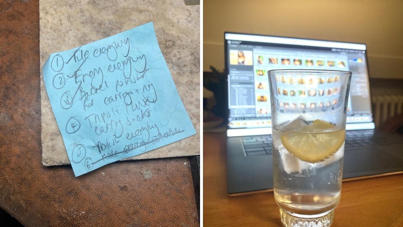 Post it note with jobs (some ticked off), and to the right a glass of G&T in front of photo editing screen