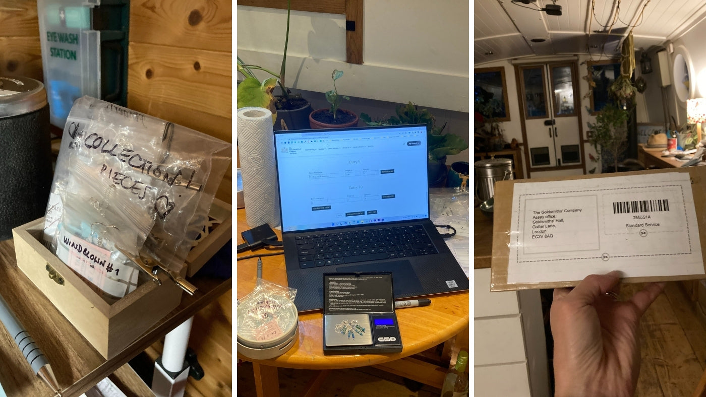 Three photos: left box with pieces in labelled bags. middle laptop open on Assay Office admin page and weighing scales with items in front, right package ready to go to be hallmarked with boat living room behind