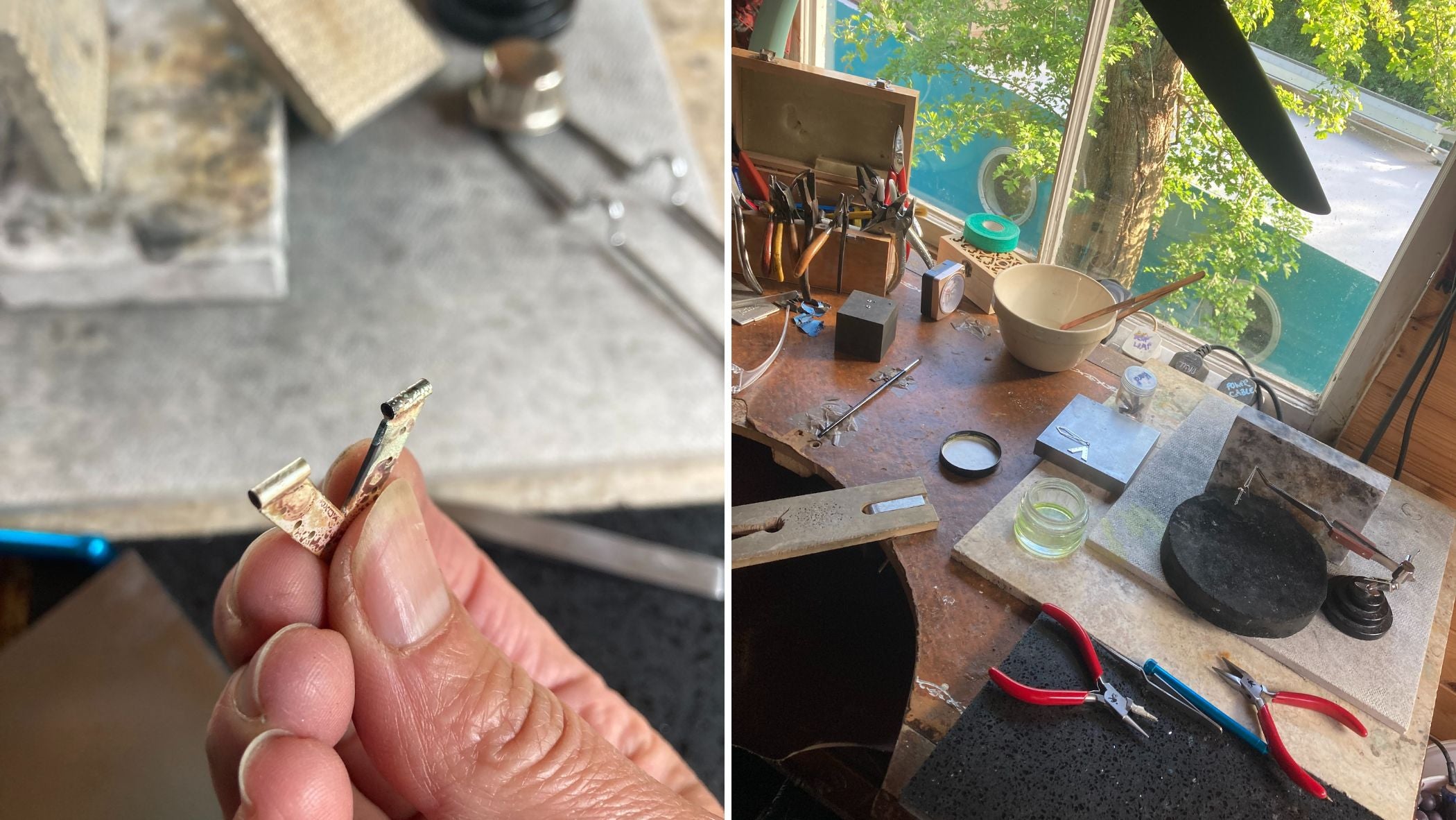 To left, image of V-shaped silver with tube now soldered on each top edge. Right: my work bench with soldering station and earring at a later stage.