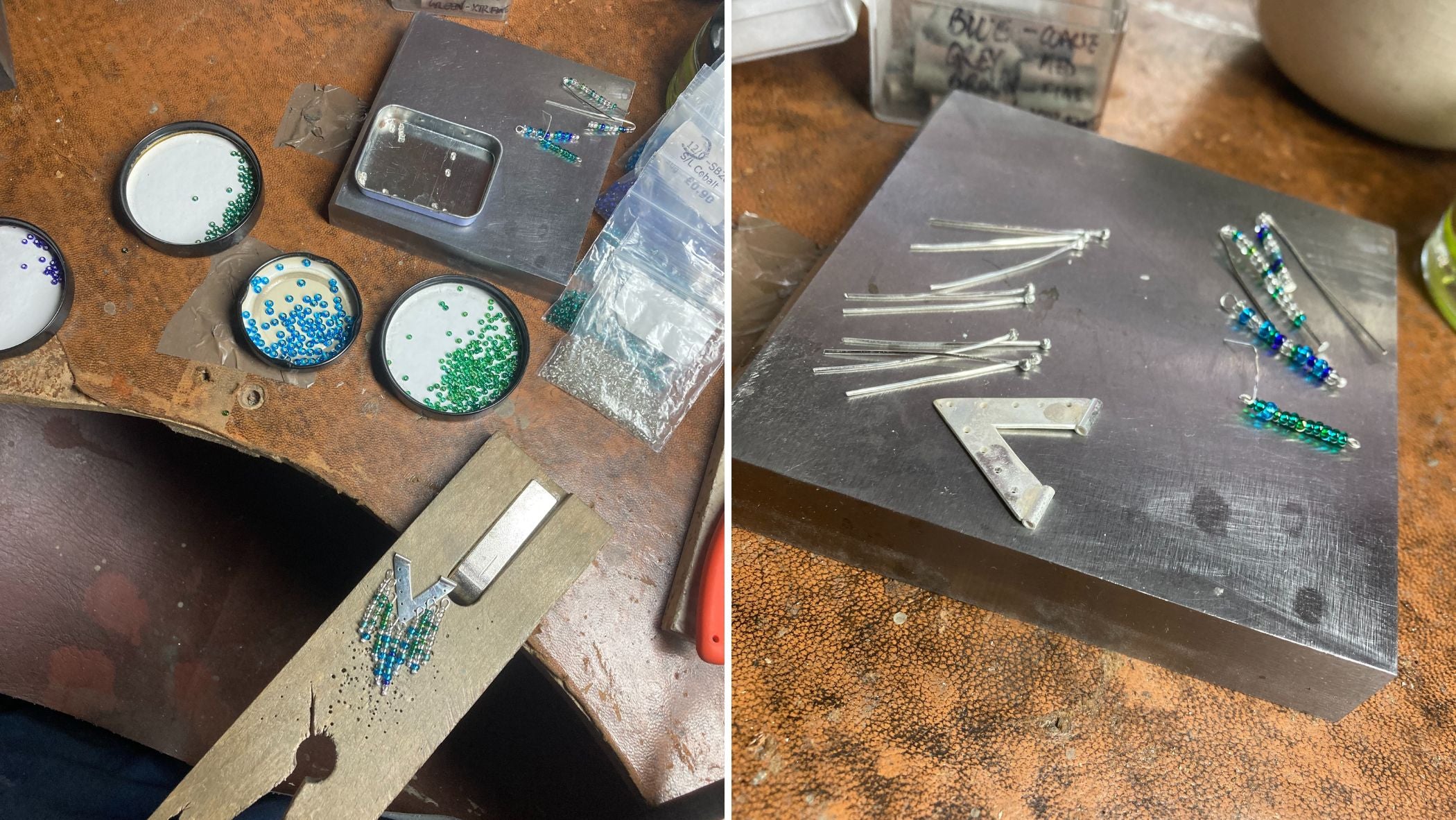 Photos showing the bead selection process, one picture with them in pots and beads added, the other before the piece is assembled.