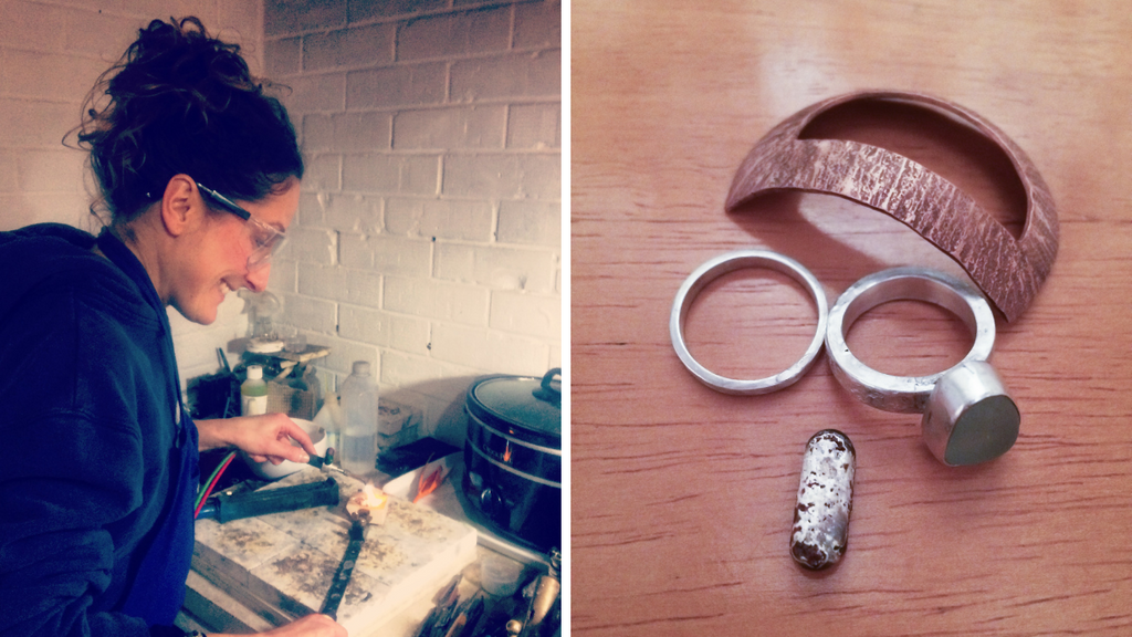 Me on the left smelting some silver on the course with Jonathan Deer, on the right some of the pieces we made together that day