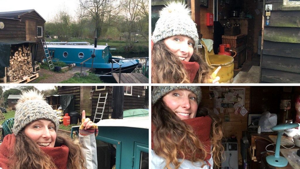 A grid of four images: top right - shed to left and turquoise boat behind; bottom left - me on boat, pointing up to shed; top right - me at shed door pointing into my work space; bottom right - me in my shed with work bench and tools behind