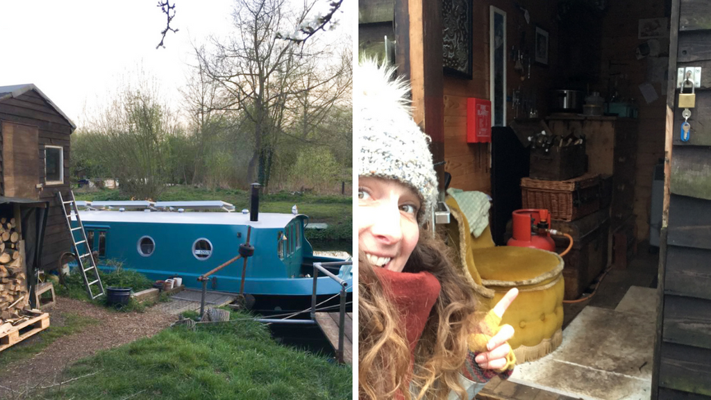 Left: our boat next to my jewellery shed. Right: me giving you a sneaky peak into my workshop (aka glorified shed)