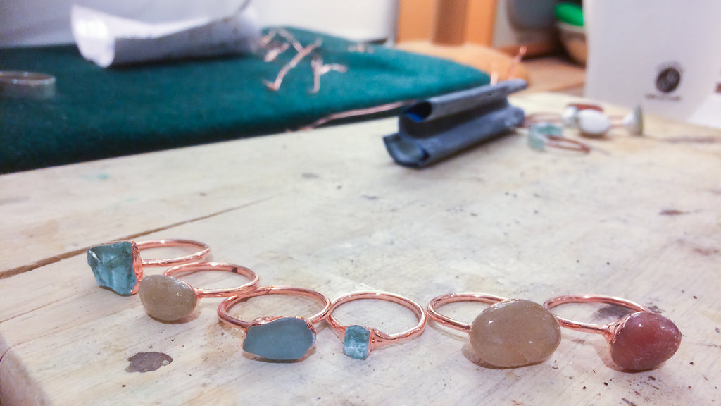 Finished rings, having been taken out of electroforming tank and sealed with varnish