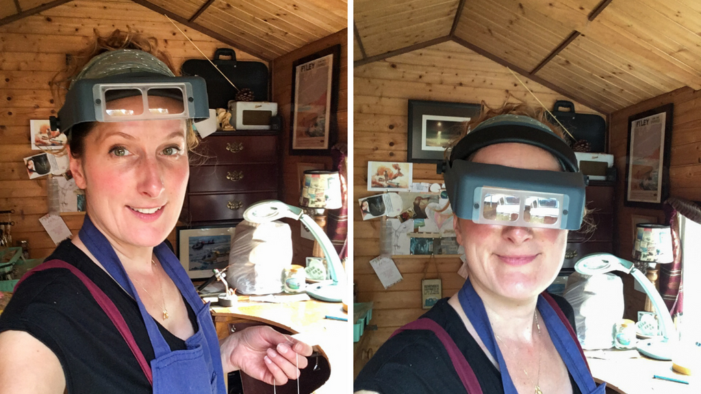 Me in my jewellery shed in Summer 2020, with work bench behind. Left looking relatively normal, right with googley eyes of magnification glasses