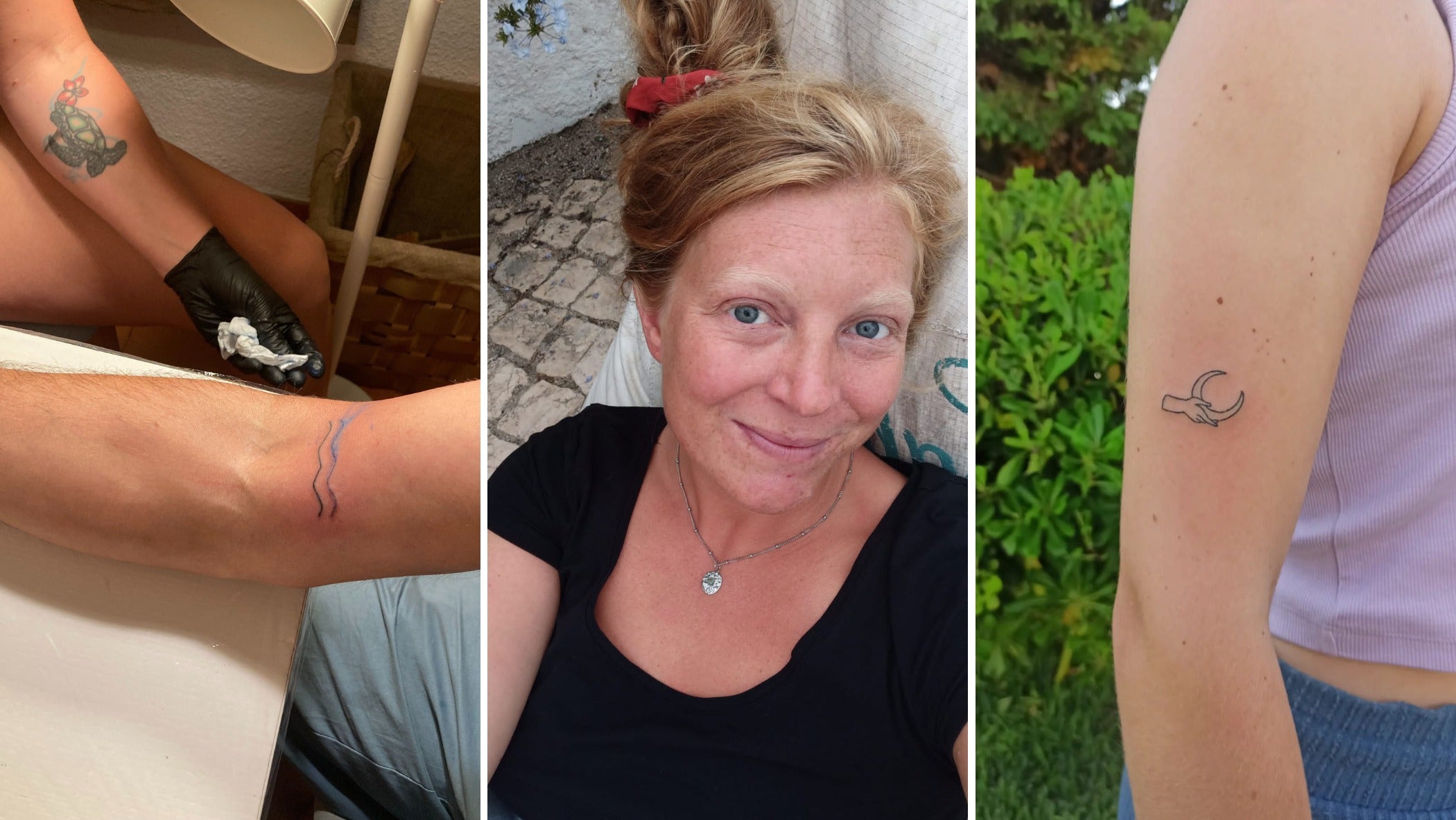 Photos of a blue and black wave tattoo, Awina (centre) and a finished hand and moon tattoo (far right)