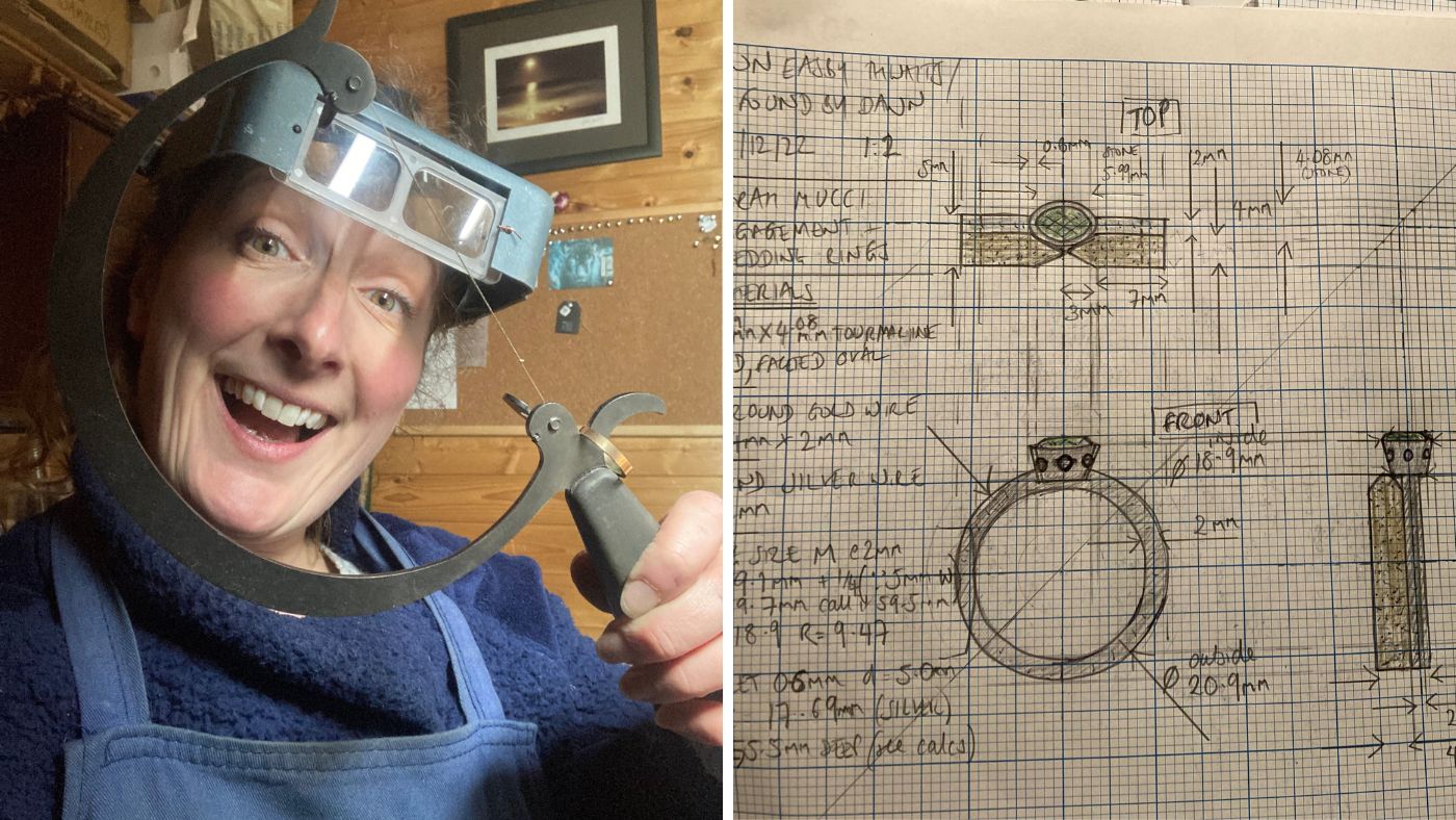 Dawn left, grinning with her jewellers saw. Right, orthographic coloured drawing of engagement and wedding ring