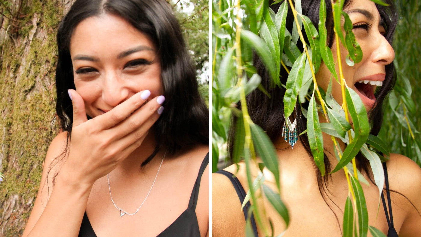Cristina in fits of laughter, left in front of a tree and right being harassed by the branches of a willow 