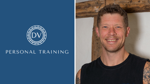 DV training logo in white on royal blue background on left, with photo of a smiley Duncan in black t-shirt, to right