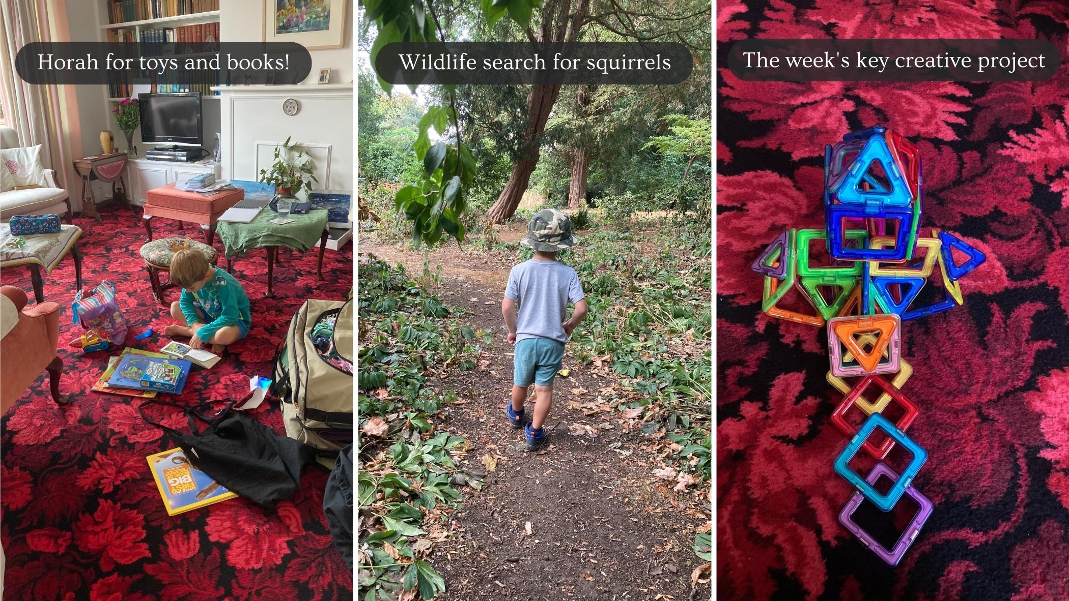 Sequence of three photos: one with child sat on floor 'Horah for toys and books', second with child walking through woods 'Wildlife search for squirrels', and third of magnetic building blocks 'The week's key creative project'.