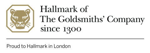 Logo with leopard's head in gold to right with text to left: 'Hallmark of The Goldsmiths' Company since 1300' then a line under both and under that the text 'Proud to Hallmark in London'