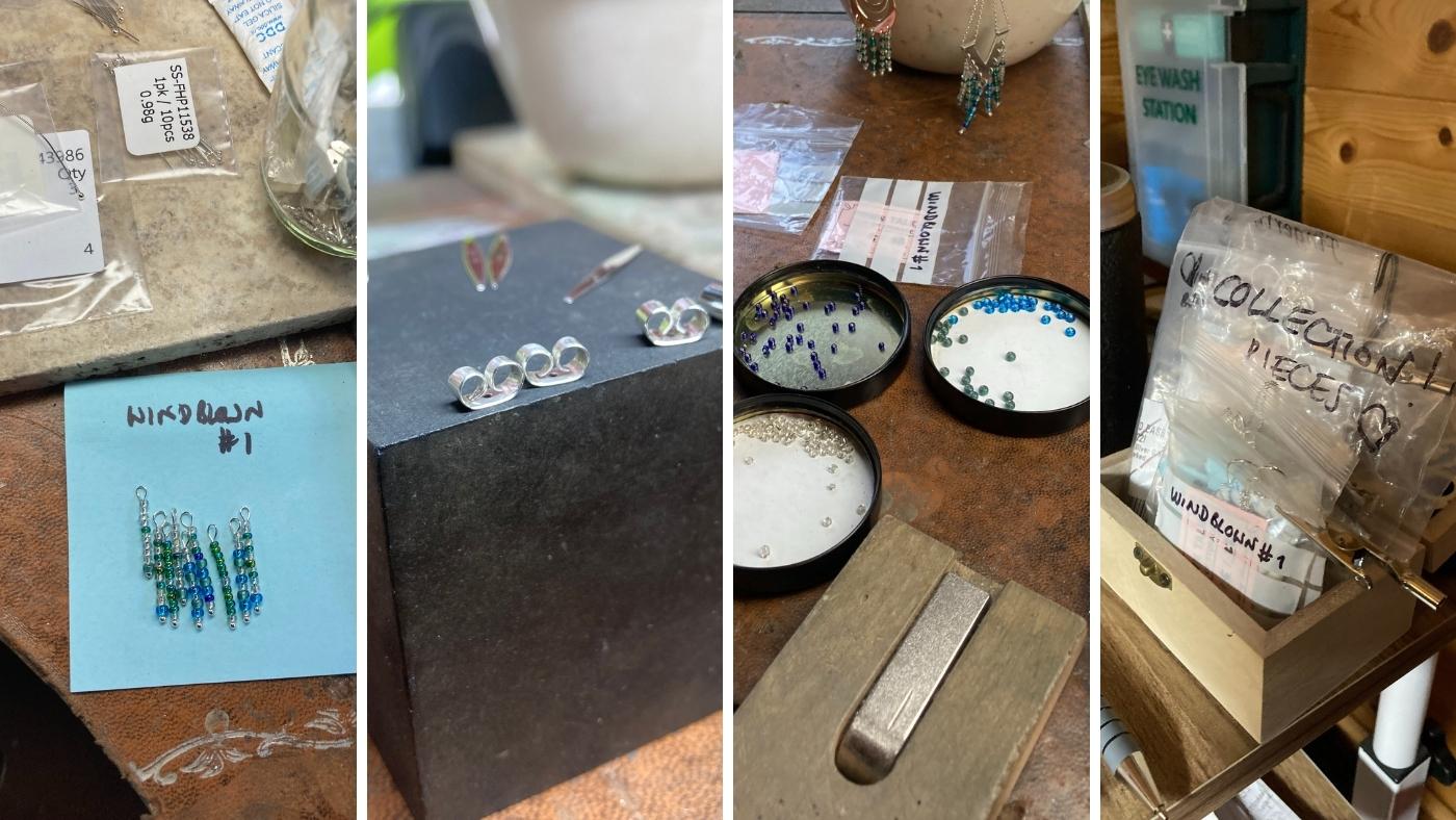 Four photos showing the more fiddly part of the process: strings of beads on headpins 'Windblown #1' at the top, butterfly backs lines up on square black piece of rubber, tiny green and blue beads in lids to stop them escaping, box and bag labelled 'Collection Pieces'