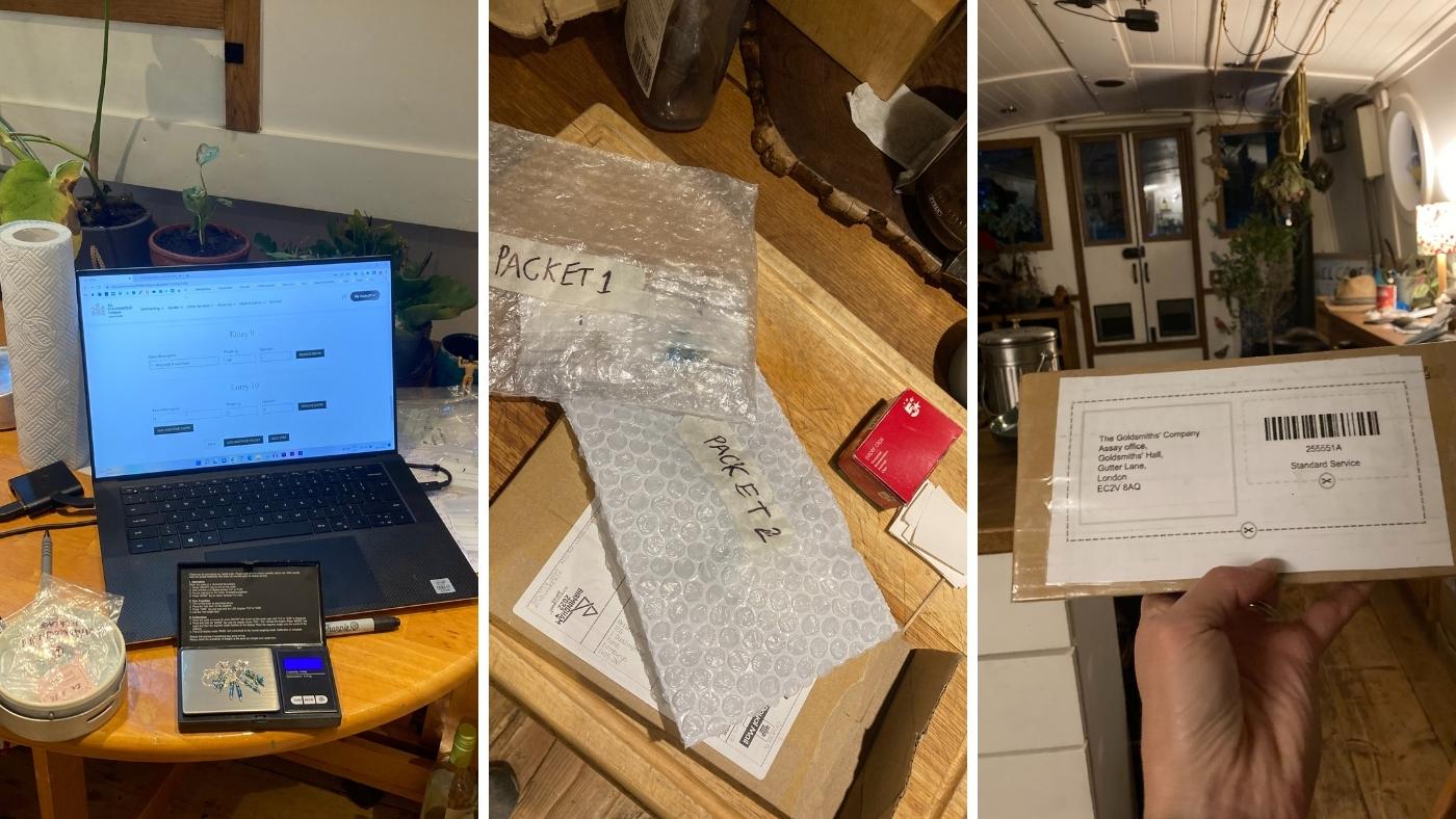 Three photos showing steps of the hallmarking process. Left, computer screen and scales as list items, middle bags labelled packet 1 and 2, and right box with label ready to post - collection pieces inside!
