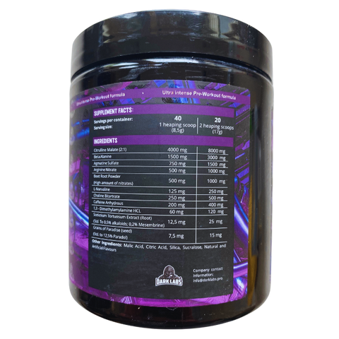 Black Jar with purple label displaying nutrition facts for dark labs crack pre workout