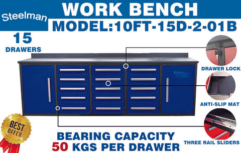 Steelman 10 FT Work Bench with 15 Drawers & 2 Cabinets