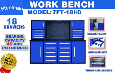 Steelman 7' Garage Storage Cabinet with Workbench (18 Drawers & 4 Cabinets & Pegboard)