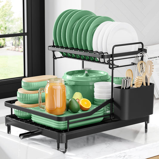  iSPECLE Dish Drying Rack - 2 Tier Small Dish Racks for Kitchen  Counter with Drainboard, Utensil & Glass Holder, Small Dish Dryer Rack,  Multifunctional Dish Drainer for Kitchen Organization, Black