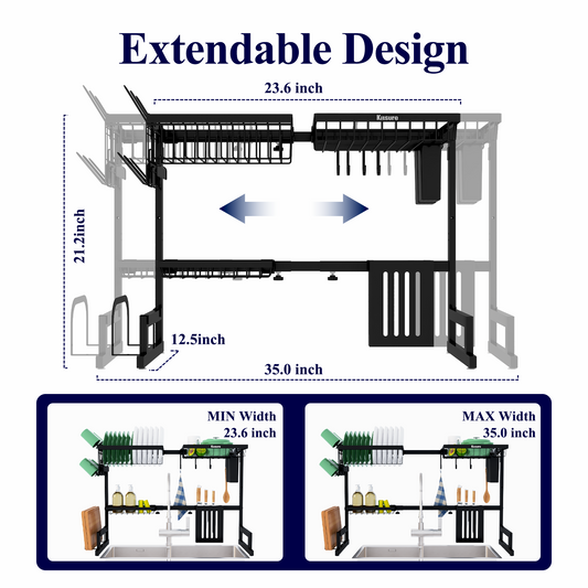 Kitsure Dish Drying Rack - Adjustable & Space-Saving Dish Rack (25.5-3