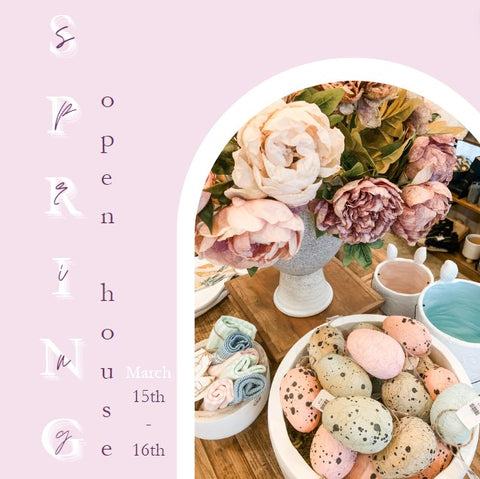 image of spring flowers and an invitation to the Spring Open House for dWELLing home decor and accessories