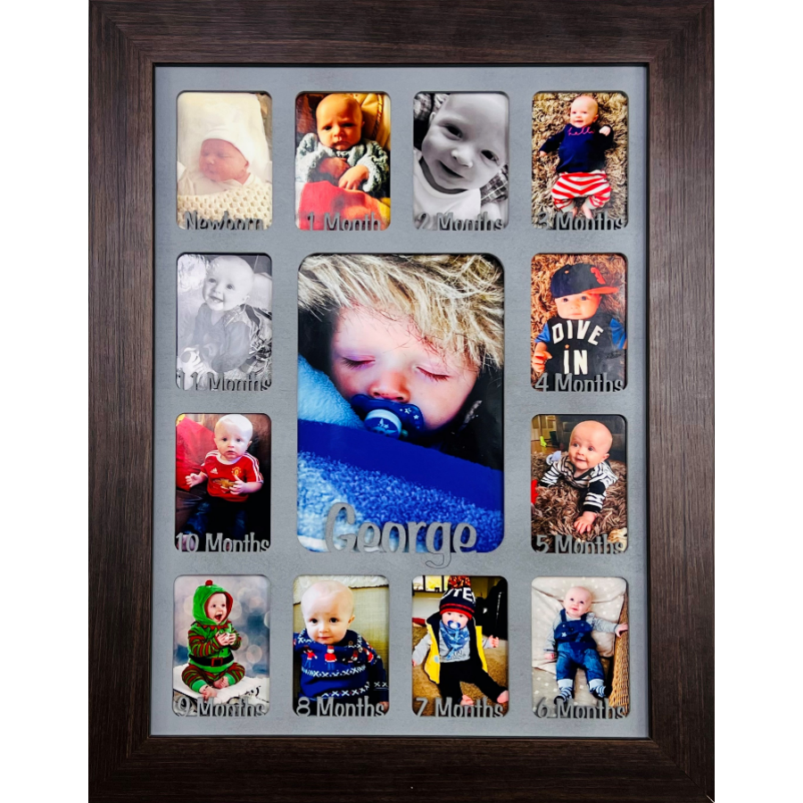 Cadre photo personnalisé nouveau-né 1ère année 1-12 mois (cadre en bois  foncé)