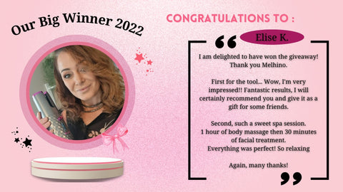 The winner is featured in the image, holding the prize she won, which provides visual confirmation of the prize's value and helps to build excitement for future events. Her testimonial, which is included in the image, expresses her gratitude and excitement at winning, creating a sense of goodwill towards the company and encouraging other customers to participate in future events.