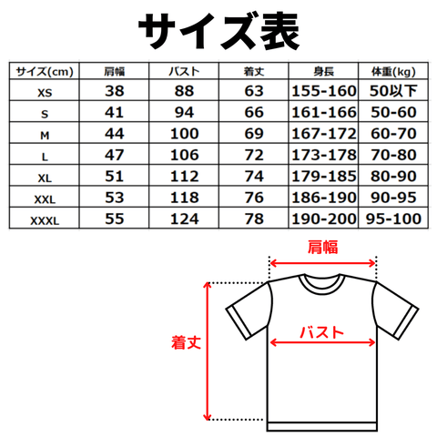 オリジナルプリントTシャツ　サイズ表
