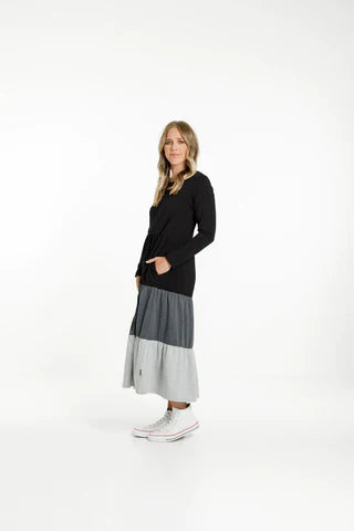 Home Lee Kendall Dress Long Sleeve Charcoal Tiered Auckland Stockists NZ