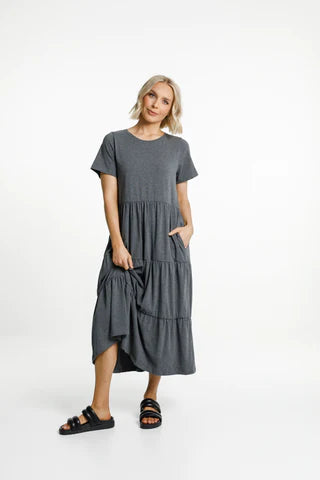 Home Lee Kendall Dress  Tiered Short Sleeve Charcoal  Epsom Auckland NZ