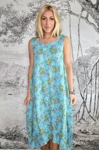 Helga May Italian Linen Dresses NZ | Made in Italy | Maxi Dress Sleeveless Blue Floral