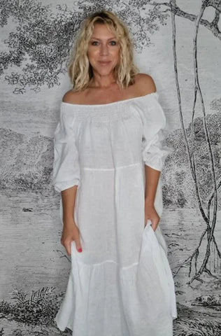 Helga May Linen Dresses NZ | Made in italy | White Off Shoulder Dress