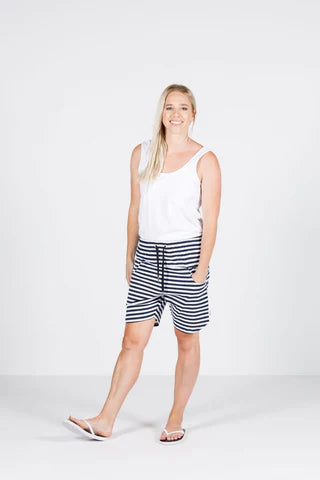 Home-lee Auckland Apartment Shorts Drawstring Stripe Navy White