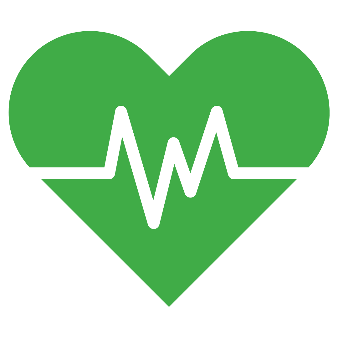 A green heart icon with a white ECG line going through it representing cow health.