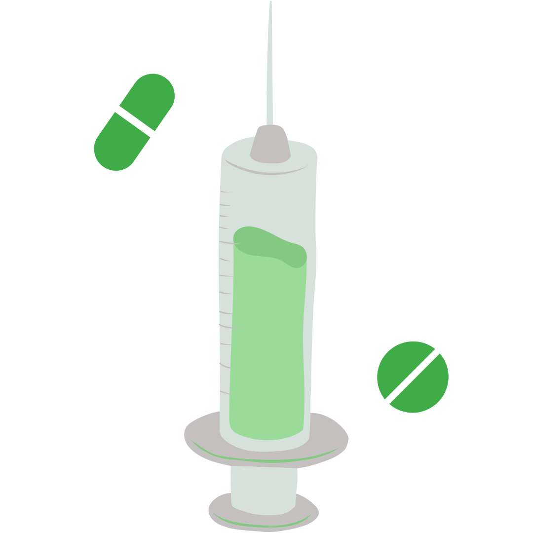 A green syringe icon with antibiotics surrounding it. 