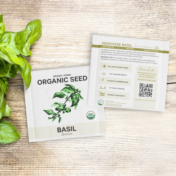 basil seed package front and back. Spade To Fork Organic Basil seeds