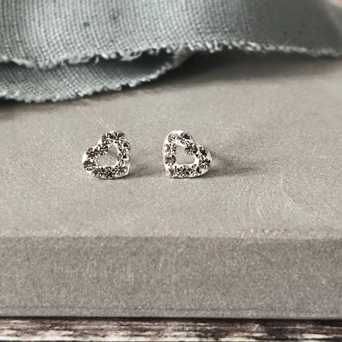 Crystal silver sparkle heart stud earrings