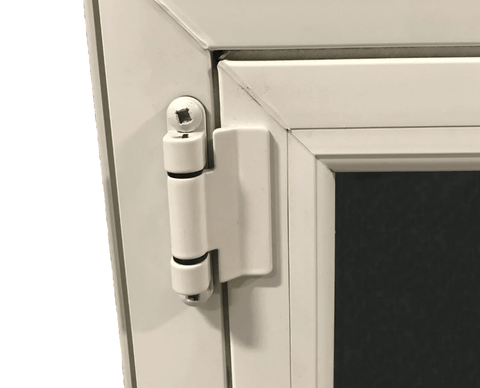 A close up photo of the special hinges on an egress window sold by The Great Egress Co.