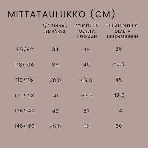 omin jätti-collegepaita mittataulukko