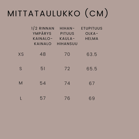 aikuisten collegepaita mittataulukko