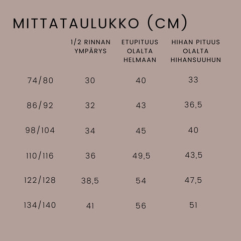 mittataulukko basic-paita