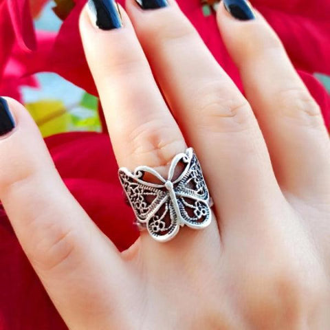 Charm Butterfly Wrapped Adjustable Ring • Gothic Butterfly Silver Ring