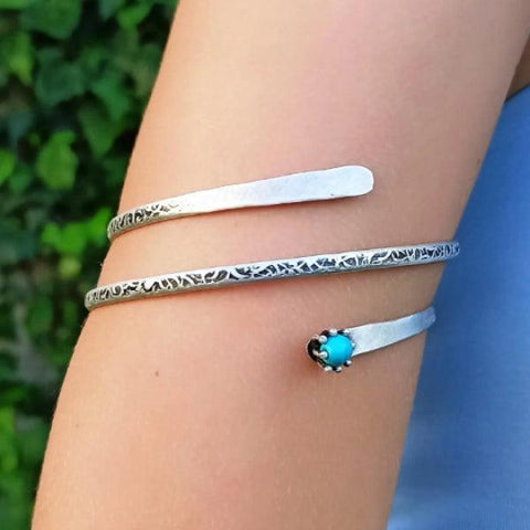 Turquoise Silver Wrapped Arm Cuff • Upper Arm Cuff Silver Bracelet