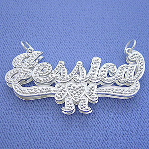 Sterling Silver Personalized 3D Name Pendant Diamond Accent Heart Ribbon Charm Necklace