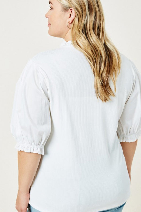 Ribbed Mock Neck Puff Sleeve Top