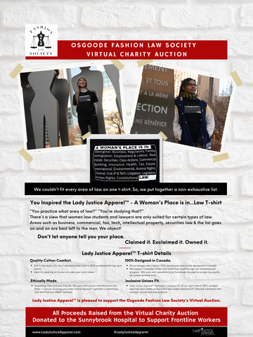 Poster of Lady Justice Apparel™ donation to Osgoode Fashion Law Society (OFLS) virtual charity auction